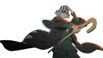 Rule 34 | 1boy, anime coloring, arm up, bleach, bleach soul resonance, blonde hair, cane, closed mouth, concealed weapon, cowboy shot, facial hair, fighting stance, flipped hair, floating clothes, foreshortening, green eyes, green kimono, hand on headwear, hat, highres, holding, holding cane, japanese clothes, kimono, looking at viewer, male focus, mature male, nose, official art, open clothes, open kimono, serious, shaded face, short hair, simple background, solo, striped hat, stubble, sword cane, transparent background, urahara kisuke, weapon