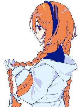 Rule 34 | 1girl, a.i. voice, adachi rei, alternate hair length, alternate hairstyle, avocado hamburg, black hairband, black shirt, braid, from side, gloves, hair ribbon, hairband, holding, holding own hair, hood, hood down, hooded jacket, jacket, long hair, orange eyes, orange hair, ribbon, shirt, simple background, sleeves past wrists, solo, tareme, twin braids, twintails, upper body, utau, white background, white gloves, white ribbon