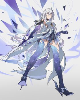 1girl absurdres bare_shoulders boots breasts daniel_deng dress full_body genshin_impact grey_hair high_heel_boots high_heels highres holding holding_sword holding_weapon long_hair medium_breasts skirk_(genshin_impact) solo sword weapon white_dress