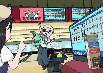 >_< 2girls absurdres arm_up bowling bowling_alley clenched_hand closed_eyes dutch_angle emesan_desu grey_hair grey_pants highres indoors multiple_girls open_mouth original pants screen shirt white_shirt