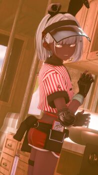 1boy 3d absurdres american_diner_bunny_boy_(nefer) animal_ears bob_cut commentary_request crop_top dark-skinned_male dark_skin diner dolphin_shorts fingerless_gloves gloves highres looking_at_viewer nefer original rabbit_ears shorts smile solo solo_focus trap waiter white_hair