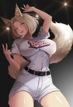 1girl ahri_(league_of_legends) animal_ears arm_up belt black_belt blonde_hair blush breasts commentary commission english_commentary fox_ears fox_girl fox_tail highres large_breasts league_of_legends looking_at_viewer mad_kimo open_mouth shirt_tucked_in short_shorts short_sleeves shorts smile tail teeth upper_teeth_only white_shorts yellow_eyes