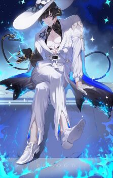 1boy absurdres artist_name asymmetrical_gloves black_hair blue_fire claws commentary constance_(honkai:_star_rail) crossed_legs demon_horns demon_tail english_commentary fire flower full_body genderswap genderswap_(ftm) gloves hat hat_flower highres honkai:_star_rail honkai_(series) horns jacket male_focus mismatched_gloves mole mole_under_eye pants pogogu purple_eyes shoes short_hair sitting sky solo star_(sky) starry_sky tail white_hat white_jacket white_pants white_shoes