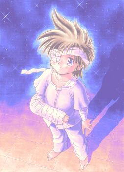 1girl arm_cast bad_id bandaged_arm bandaged_chest bandaged_head bandages barefoot black_eyes brown_hair cast eyepatch from_above full_body goto_p key_the_metal_idol looking_up medical_eyepatch mima_tokiko pants parted_lips pc-98_(style) shadow shirt short_hair solo standing star_(sky) tile_floor tiles white_pants white_shirt