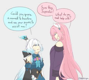 2girls absurdres arms_at_sides bare_shoulders blue_eyes blue_fire blue_hair bow braid cerydra_(honkai:_star_rail) commentary crown cyrene_(honkai:_star_rail) cyrene_(philia093)_(honkai:_star_rail) detached_sleeves dress english_commentary english_text fire grey_background hair_bow hair_ornament height_difference highres honkai:_star_rail honkai_(series) long_hair looking_at_another meatabogan mini_crown multicolored_hair multiple_girls pink_hair pointy_ears simple_background two-tone_hair very_long_hair