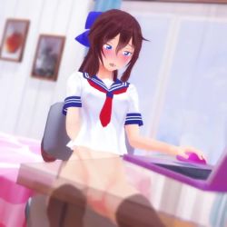 1girl 3d animated bedroom black_thighhighs blue_eyes blush bottomless brown_hair censored computer female_ejaculation female_masturbation fingering hair_ribbon hikamo123 laptop long_hair masturbation minase_hikari mosaic_censoring ponytail ribbon school_uniform sitting solo sound thighhighs video