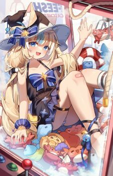 1girl :d ahoge alternate_costume animal_ears bandaid bandaid_on_knee bandaid_on_leg black_dress black_hat blonde_hair blue_bow blue_eyes blue_hair blunt_bangs bow cat_ears commentary crane_game dress ears_through_headwear english_commentary fang fins fish_girl fish_tail hair_bow hat highres in_crane_game indie_virtual_youtuber kaniki_(sameko_saba) knees_together_feet_apart kuri_(animejpholic) lifebuoy_hair_ornament long_hair looking_at_viewer low_twintails multicolored_hair one_side_up open_mouth panties pantyshot sameko_saba single_bare_foot single_sock sitting skin_fang sleeveless sleeveless_dress smile socks solo streaked_hair striped_clothes striped_panties tail thigh_strap twintails underwear very_long_hair virtual_youtuber white_hair white_panties white_socks witch_hat