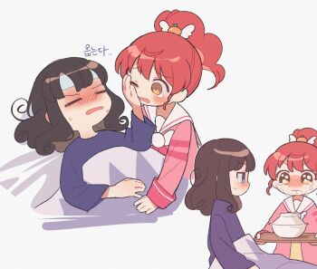 2girls blue_eyes blush bowl brown_hair closed_eyes cold_pack commentary crying crying_with_eyes_open fever hand_on_another&#039;s_cheek hand_on_another&#039;s_face holding holding_tray kurosu_aroma long_sleeves looking_at_another multiple_girls multiple_views nose_blush on_bed one_eye_closed open_mouth paprika_private_academy_school_uniform ponytail pretty_series pripara profile red_hair school_uniform shiratama_mikan short_hair sick sururufu sweat symbol-only_commentary tearing_up tears tray under_covers v-shaped_eyebrows