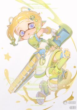 Rule 34 | 1girl, :o, absurdres, apron, blonde hair, bracelet, colored tongue, commission, dress, fingerless gloves, full body, gloves, gradient hair, green dress, green hair, green shoes, green thighhighs, hair ornament, headgear, highres, holding, holding weapon, inkling, inkling girl, inkling player character, jewelry, looking at viewer, mihuashi 506932, mihuashi commission, mihuashi logo, multicolored hair, nail polish, nintendo, open mouth, pointy ears, puffy short sleeves, puffy sleeves, purple eyes, shoes, short hair, short sleeves, solo, splatana stamper (splatoon), splatoon (series), splatoon 3, star (symbol), star hair ornament, star in eye, symbol in eye, tentacle hair, thighhighs, watermark, weapon, white apron, white gloves, yellow nails, yellow tongue
