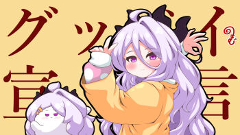 1girl ahoge arms_up blue_archive blush brown_background brown_jacket closed_mouth commentary_request goodbye_sengen_(vocaloid) grey_hair hair_between_eyes hair_ornament hairclip highres hina_(blue_archive) hina_(pajamas)_(blue_archive) horns jacket kurukurumagical long_hair long_sleeves ok_sign open_clothes open_jacket pajamas pink_pajamas pink_shirt polka_dot polka_dot_pajamas polka_dot_shirt puffy_long_sleeves puffy_sleeves purple_eyes shirt single_hair_intake sleeves_past_wrists smile text_background translation_request upper_body v very_long_hair