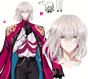 1boy alternate_costume aqua_eyes black_gloves black_pants carlotta_(wuthering_waves) chromatic_aberration closed_mouth coat coat_on_shoulders collarbone commentary_request cowboy_shot earrings genderswap genderswap_(ftm) gloves grey_hair hair_between_eyes hand_up heart highres jewelry jhenny345 looking_at_viewer male_focus medium_hair multicolored_eyes multiple_views pants pink_coat pink_eyes shirt simple_background smile spanish_commentary two-tone_eyes white_background white_shirt wuthering_waves