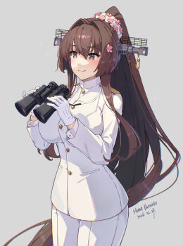 Rule 34 | 1girl, alternate costume, binoculars, breasts, brown hair, cherry blossoms, commentary request, epaulettes, flower, gloves, grey background, hair between eyes, hair flower, hair intakes, hair ornament, headgear, highres, himeyamato, holding, holding binoculars, huge breasts, jacket, kantai collection, long hair, military uniform, naval dress uniform, naval uniform, pants, ponytail, red eyes, sidelocks, simple background, smile, solo, very long hair, white gloves, white jacket, white pants, yamato (kancolle)
