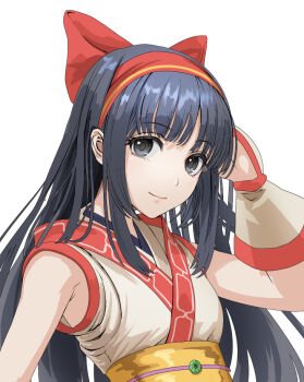 Rule 34 | 1girl, ainu clothes, arm behind head, armpit peek, black eyes, black hair, breasts, hair ribbon, hand on own head, looking at viewer, nakoruru, pink lips, ribbon, samurai spirits, small breasts, smile, snk, solo, the king of fighters, the king of fighters xv