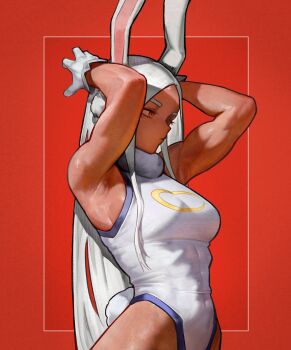 1girl absurdres animal_ears armpits arms_behind_head arms_up bare_shoulders boku_no_hero_academia breasts clothing_cutout covered_abs covered_navel crescent_print dark-skinned_female dark_skin fur_collar gloves highleg highleg_leotard highres leotard long_eyelashes long_hair medium_breasts mirko parted_bangs rabbit_ears rabbit_girl rabbit_tail red_background red_eyes solo spot_color tail tail_through_clothes taut_leotard the_antin toned toned_female upper_body very_long_hair white_gloves white_hair white_leotard
