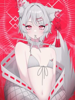 1girl absurdres animal_ear_fluff animal_ear_piercing animal_ears artist_name bra bra_slip choker closed_mouth collarbone commentary earrings eyelashes fang flat_chest freckles grey_bra grey_choker grey_cloak grey_hair hair_intakes hair_ornament hairclip highres jewelry navel o-ring original piercing red_background red_eyes ribbon-trimmed_cloak safety_pin safety_pin_piercing short_hair skin_fang solo spiked_choker spiked_ear_piercing spikes star_(symbol) star_in_eye stomach string_bra string_in_mouth symbol-only_commentary symbol_in_eye tail tassel tassel_earrings underwear upper_body v-shaped_eyebrows wanko_(yurika0320) wolf_cut wolf_ears wolf_girl wolf_tail