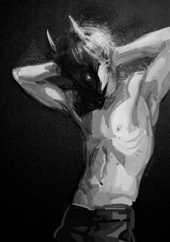 1boy abs arms_behind_head cowboy_shot demon_horns greyscale head_down highres horns kim_dokja male_focus monochrome muscular muscular_male no_shirt omniscient_reader&#039;s_viewpoint pants pectorals shaded_face short_hair solo umbrvx