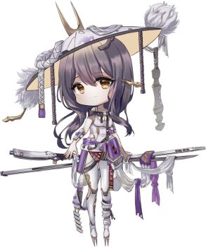 1girl armor breasts chibi closed_mouth clothing_cutout disgustingtokki full_body goddess_of_victory:_nikke grey_hair hat highres japanese_armor jingasa kote large_hat leg_cutout leotard long_hair looking_at_viewer medium_breasts scarlet_(nikke) sheath shoulder_armor simple_background sode solo standing weapon weapon_on_back white_background white_leotard yellow_eyes