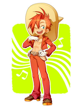 1boy abs border earrings full_body gloves hat humanization jacket jewelry kiri_futoshi male_focus mexican_clothes mickey_mouse_&amp;_friends musical_note no_nipples one_eye_closed open_mouth panchito_pistoles pants pectorals red_hair red_jacket red_pants short_hair solo sombrero spurs the_three_caballeros toned toned_male white_border white_gloves