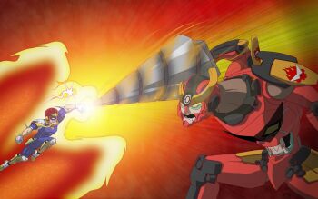 1boy angry battle captain_falcon clash crossover drawfag drill f-zero falcon_punch fire gurren-lagann gurren-lagann_(mecha) helmet highres holster manly mecha nintendo punching robot scarf tengen_toppa_gurren_lagann