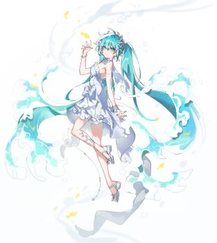 1girl absurdly_long_hair absurdres ahoge aqua_eyes aqua_hair aqua_nails arm_at_side bare_shoulders blush bow bracelet breasts commentary coral_hair_ornament dress dress_bow flower from_side full_body hair_between_eyes hair_ornament hand_up hatsune_miku high_heels highres jewelry jumping liquid_hair long_hair looking_at_viewer making-of_available medium_breasts midair multiple_rings nail_polish onigiri_0000 parted_lips project_sekai ring sandals short_dress sidelocks simple_background single_bare_leg smile solo strapless strapless_dress turning_head twintails untranslatable_commentary very_long_hair vocaloid white_background white_bow white_dress white_flower white_sandals