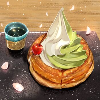 Rule 34 | cherry, commentary request, cup, food, food focus, fruit, ice cream, matcha (food), no humans, original, petals, shiro-noir, soft serve, still life, tea, teacup, tsukimi tsumugu