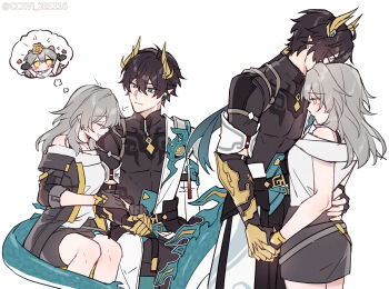 1boy 1girl arm_armor arm_hug black_gloves black_jacket black_pants black_shirt black_skirt bra_strap brown_hair ccxvi_201116 closed_eyes couple dan_heng_(honkai:_star_rail) dan_heng_(permansor_terrae)_(honkai:_star_rail) dragon_boy dragon_horns dragon_tail dreaming drooling earclip eyeliner feet_out_of_frame gloves gradient_hair green_eyes green_hair grey_hair hand_on_another's_back hashtag-only_commentary head_on_another's_shoulder hetero highres holding_hands honkai:_star_rail honkai_(series) horns jacket long_hair looking_at_another makeup mouth_drool multicolored_hair multiple_views pants pointy_ears red_eyeliner shirt sitting skirt sleeping sleeping_on_person speech_bubble standing stelle_(honkai:_star_rail) tail tail_wrap thought_bubble trailblazer_(honkai:_star_rail) twitter_username white_shirt yellow_eyes yellow_horns