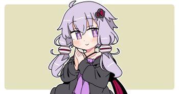 1girl ahoge black_jacket blush border bright_pupils brown_background closed_mouth dot_nose dress hair_between_eyes hair_ornament halter_dress halterneck ini_(inunabe00) jacket long_sleeves looking_at_viewer open_clothes open_jacket outline outside_border purple_dress purple_eyes purple_hair short_hair_with_long_locks simple_background smile solo upper_body vocaloid voiceroid white_border white_outline white_pupils yuzuki_yukari