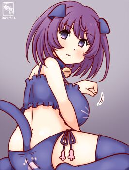 1girl :3 anal anal_beads anal_object_insertion anal_tail animal_ears artist_logo ass bell between_buttocks bra breasts butt_crack butt_plug cat_ears cat_lingerie cat_tail choker dated fake_tail frilled_bra frills from_behind gradient_background implied_tail_plug jingle_bell kanon_(kurogane_knights) kantai_collection large_breasts lexington_(kancolle) logo looking_at_viewer medium_hair neck_bell object_insertion one-hour_drawing_challenge panties paw_pose paw_print print_panties purple_background purple_bra purple_eyes purple_hair purple_panties purple_thighhighs sex_toy side-tie_panties solo tail thighhighs underwear underwear_only