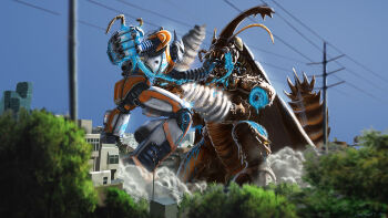 Rule 34 | 1other, abdomen tail, amputee, antennae, battle, blood, blue blood, blue sky, blurry, blurry foreground, bug, building, city, cockroach, commentary, compound eyes, day, drill hand, english commentary, extra arms, fangs, fighting stance, giant, giant insect, giant monster, godzilla (series), godzilla vs. megalon (1973), horns, insect, jet jaguar, joints, kaiju, ldn-rdnt, mecha, megalon, no humans, outdoors, pacific rim, photoshop (medium), power lines, redesign, ripping, robot, robot joints, science fiction, sharp teeth, single horn, sky, smoke, sparks, spiked tail, tail, teeth, thrusters, toho, utility pole