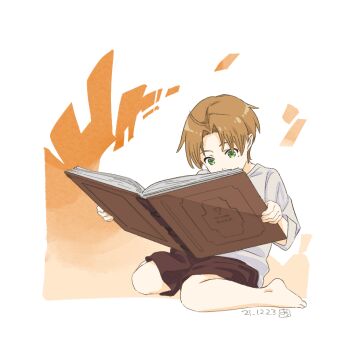 1boy ahoge barefoot book brown_hair green_eyes holding holding_book mole mole_under_eye mushoku_tensei reading rudeus_greyrat saitou_yoshiko solo solo_focus white_background
