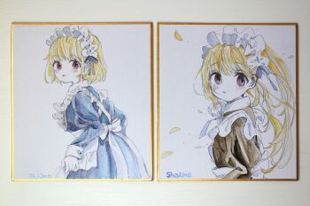 2girls absurdres apron artist_name black_dress blonde_hair blue_dress blush collared_dress dress frilled_apron frills from_side highres juliet_sleeves long_hair long_sleeves looking_at_viewer looking_to_the_side maid maid_apron multiple_girls neck_ribbon original parted_lips petals photo_(medium) ponytail puffy_sleeves purple_eyes red_eyes ribbon sha2mo short_hair signature traditional_media very_long_hair white_apron white_ribbon