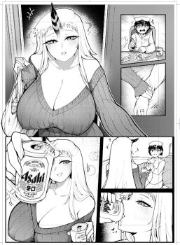 1boy 1girl abyssal_ship admiral_(kancolle) alcohol asahi_breweries bare_shoulders beer blush breasts can carrying_bag cleavage collarbone comic covered_erect_nipples cup drawing drinking epaulettes hanging_breasts happy hat heart holding holding_another&#039;s_wrist holding_can horns huge_breasts husband_and_wife jewelry kantai_collection laughing long_hair long_sleeves looking_at_another military military_uniform monochrome mug naval_uniform peaked_cap ribbed_sweater ring seaport_princess seiza sidelocks simple_background single_horn sitting smile sparkle sweater tipsy uni_(oni_unicorn) very_long_hair wedding_ring white_background