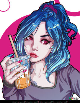1girl absurdres alternate_costume alternate_hairstyle blue_hair cloud_tattoo collarbone cup disposable_cup freckles green_nails hair_ornament hair_scrunchie hand_up highres holding jinx_(league_of_legends) koiarts league_of_legends long_hair multicolored_hair parted_bangs pink_background pink_sweater ponytail portrait red_eyes red_lips red_nails red_scrunchie scrunchie solo sweater tattoo two-tone_hair white_background