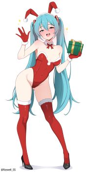 1girl absurdres aqua_eyes aqua_hair bare_shoulders blush box breasts christmas commentary_request full_body gift gift_box gloves hair_between_eyes hatsune_miku highres leotard long_hair looking_at_viewer medium_breasts open_mouth playboy_bunny red_gloves red_leotard red_thighhighs roswell_ss simple_background solo standing thighhighs twintails vocaloid white_background