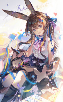 1girl :d amiya_(arknights) animal_ears arknights bare_shoulders black_skirt blue_eyes blue_ribbon blush breasts brown_hair character_name dated hair_between_eyes hair_ribbon happy happy_birthday highres long_hair looking_at_viewer open_mouth ponytail rabbit rabbit_ears rabbit_girl ribbon shirt sitting skirt sleeveless sleeveless_shirt small_breasts smile solo very_long_hair white_shirt zeriko