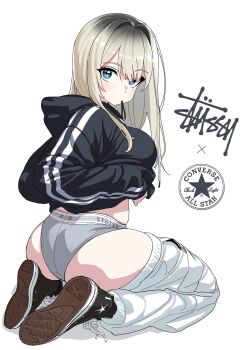 1girl absurdres ass black_hair black_hoodie blonde_hair blue_eyes bypos clothes_pull clothes_writing converse from_behind full_body gradient_hair grey_panties hair_intakes haru-chan_(hei_taiyou) highres hood hood_down hoodie kneeling long_hair looking_at_viewer looking_back mouth_hold multicolored_hair original panties pants pants_pull roots_(hair) shoes simple_background sneakers solo sports_panties two-tone_hair underwear underwear_writing white_background