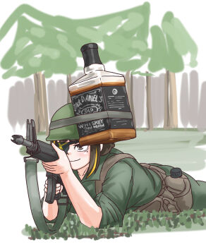 1girl aiming alcohol ammunition_pouch assault_rifle black_hair brown_eyes brown_hair canteen combat_helmet commentary_request eyepatch girls'_frontline gun gun_sling helmet highres holding jack_daniel's lying m16 m16a1 m16a1_(girls'_frontline) military_combat_uniform military_uniform mole mole_under_eye multicolored_hair on_stomach pouch rifle scar scar_across_eye scar_on_face smile solo streaked_hair tsuchinoko_snake vietnam_war weapon whiskey