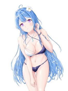 1girl absurdres azur_lane bikini blue_hair blue_nails blush breasts commentary_request curly_hair flower grin hair_between_eyes hair_flower hair_ornament hand_on_own_thigh helena_(azur_lane) helena_(shimmering_triangle_wave)_(azur_lane) highres hip_focus leaning_forward legs_together long_hair medium_breasts multicolored_bikini nail_polish navel parted_lips purple_eyes smile solo swimsuit thigh_gap thighs two-tone_bikini very_long_hair white_flower