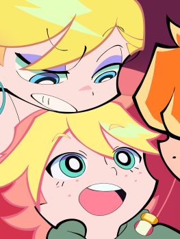 Rule 34 | 1girl, 2boys, angel, blonde hair, blue eyes, brief (psg), couch, couple, dress, earrings, family, father and son, freckles, ghostbusters uniform, green hoodie, hair over eyes, happy, hashtag-only commentary, hetero, highres, hood, hoodie, hoop earrings, husband and wife, jewelry, junior (psg), lightning bolt symbol, long hair, mother and son, multiple boys, official style, on couch, open mouth, orange hair, panty &amp; stocking with garterbelt, panty &amp; stocking with garterbelt (style), panty (psg), short hair, smile, teeth, twtm03520020