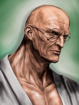 1boy bald black_eyes close-up closed_mouth commentary_request ethan-baron_v._nusjuro glasses highres japanese_clothes karasu_toba9138 kimono one_piece realistic round_eyewear solo upper_body white_kimono