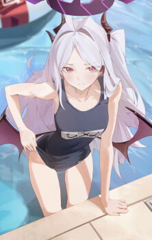 1girl arm_support black_one-piece_swimsuit blue_archive blush closed_mouth commentary demon_girl demon_horns demon_wings hair_intakes halo highres hina_(blue_archive) hina_(swimsuit)_(blue_archive) horns leaning_forward long_hair looking_at_viewer low_wings multiple_horns official_alternate_costume old_school_swimsuit one-piece_swimsuit poolside purple_eyes purple_halo school_swimsuit solo swimsuit thighs very_long_hair wings yidh_79