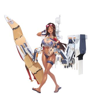 adapted_turret anti-aircraft anti-aircraft_gun artillery artist_request autocannon bikini blue_bikini blue_gloves blue_sandals bofors_40_mm_gun breasts brown_eyes brown_hair cannon choker cleavage dark-skinned_female dark_skin eyewear_on_head fingerless_gloves flower full_body gloves hawaii_(warship_girls_r) heart heart-shaped_eyewear highres holding holding_instrument instrument large_breasts looking_at_viewer mast navel official_art open_mouth red_flower rigging sandals ship_turret smile swimsuit thigh_strap transparent_background ukulele warship_girls_r white_choker