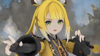 1girl animal_ear_fluff animal_ears blonde_hair colored_inner_hair gloves green_eyes highres ju_fufu long_hair looking_at_viewer multicolored_hair open_mouth shirt solo source_filmmaker_(medium) tao91831891 tiger_ears tiger_girl white_hair zenless_zone_zero