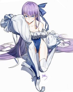 1girl absurdres bare_shoulders blue_eyes blue_leotard blush bow breasts cleavage dated detached_sleeves fate_(series) full_body hair_bow highres leotard long_hair long_sleeves looking_at_viewer meltryllis meltryllis_(fate) meltryllis_(swimsuit_lancer)_(fate) meltryllis_(swimsuit_lancer)_(second_ascension)_(fate) on_one_knee prosthesis prosthetic_leg puffy_sleeves purple_hair running_blades shoulder_blush signature simple_background sleeves_past_fingers sleeves_past_wrists solo very_long_hair white_background yisjhui