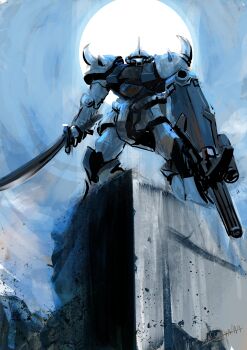Rule 34 | absurdres, blue sky, commentary request, day, gatling gun, gouf custom, gundam, gundam 08th ms team, highres, holding, holding sword, holding weapon, horns, magmastudio, mecha, mecha focus, mobile suit, no humans, outdoors, robot, ruins, scene reference, science fiction, shield, shoulder spikes, signature, single horn, sky, solo, spikes, standing, sun, sword, weapon