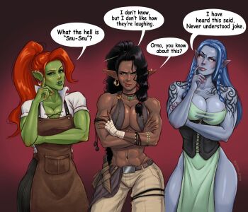 3girls abs apron artist_name black_hair blue_skin blue_hair blue_skin breasts character_request cleavage colored_skin corset dark-skinned_female dark_skin elf english_text fangs female_orc gravey_draws green_skin highres knife lazgar_(kitbashstudios) midriff multiple_girls muscular muscular_female navel orc orna_(cherry-gig) pointy_ears ponytail red_hair sheath snu-snu tattoo tusks twitter_username vest