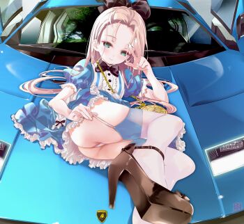 1girl alice's_adventures_in_wonderland alice_(alice_in_wonderland) arm_up ass black_shoes blonde_hair blue_dress blue_eyes blush car chain clothes_lift doku_momo dress dress_lift forehead garter_straps high_heels highres lamborghini_countach leg_up lifting_own_clothes loli long_hair looking_at_viewer lying motor_vehicle on_side panties pocket_watch revision shoes short_sleeves smile solo sports_car thighhighs thighs underwear v watch white_panties white_thighhighs