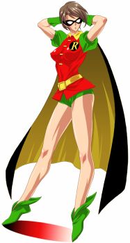 1girl arms_up brown_hair cape cosplay dc_comics domino_mask eye_mask female_focus genderswap genderswap_(mtf) gloves green_shoes liiiiliiiil mask pixie_boots robin_(cosplay) robin_(dc) robin_(dc)_(cosplay) shoes short_hair solo spandex teen_titans tim_drake