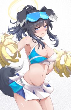 1girl animal_ears armpits black_hair blue_archive blue_eyes blush breasts cheerleader dog_ears dog_girl dog_tail goggles goggles_on_head halo hibiki_(blue_archive) hibiki_(cheer_squad)_(blue_archive) highres holding holding_pom_poms kazam_fm long_hair looking_at_viewer millennium_cheerleader_outfit_(blue_archive) navel official_alternate_costume open_mouth pom_pom_(cheerleading) pom_poms simple_background skirt solo star_(symbol) star_sticker sticker sticker_on_arm sticker_on_face tail white_background yellow_halo