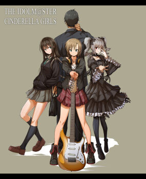 Rule 34 | 10s, 1boy, 3girls, back-to-back, black hair, brown hair, cardigan, copyright name, drill hair, formal clothes, gothic lolita, green eyes, hands in pockets, headphones, headphones around neck, idolmaster, idolmaster cinderella girls, itouei, kanzaki ranko, kneehighs, loafers, lolita fashion, long hair, md5 mismatch, multiple girls, necktie, pantyhose, producer (idolmaster), producer (idolmaster cinderella girls anime), red eyes, school uniform, shibuya rin, shoes, short hair, silver hair, simple background, socks, tada riina, twin drills, twintails